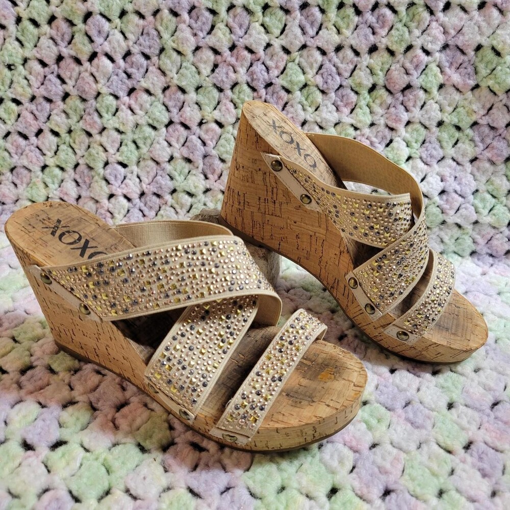 XOXO cream & tan wedge sandals with rhinestone embellishments #wedges #embellish